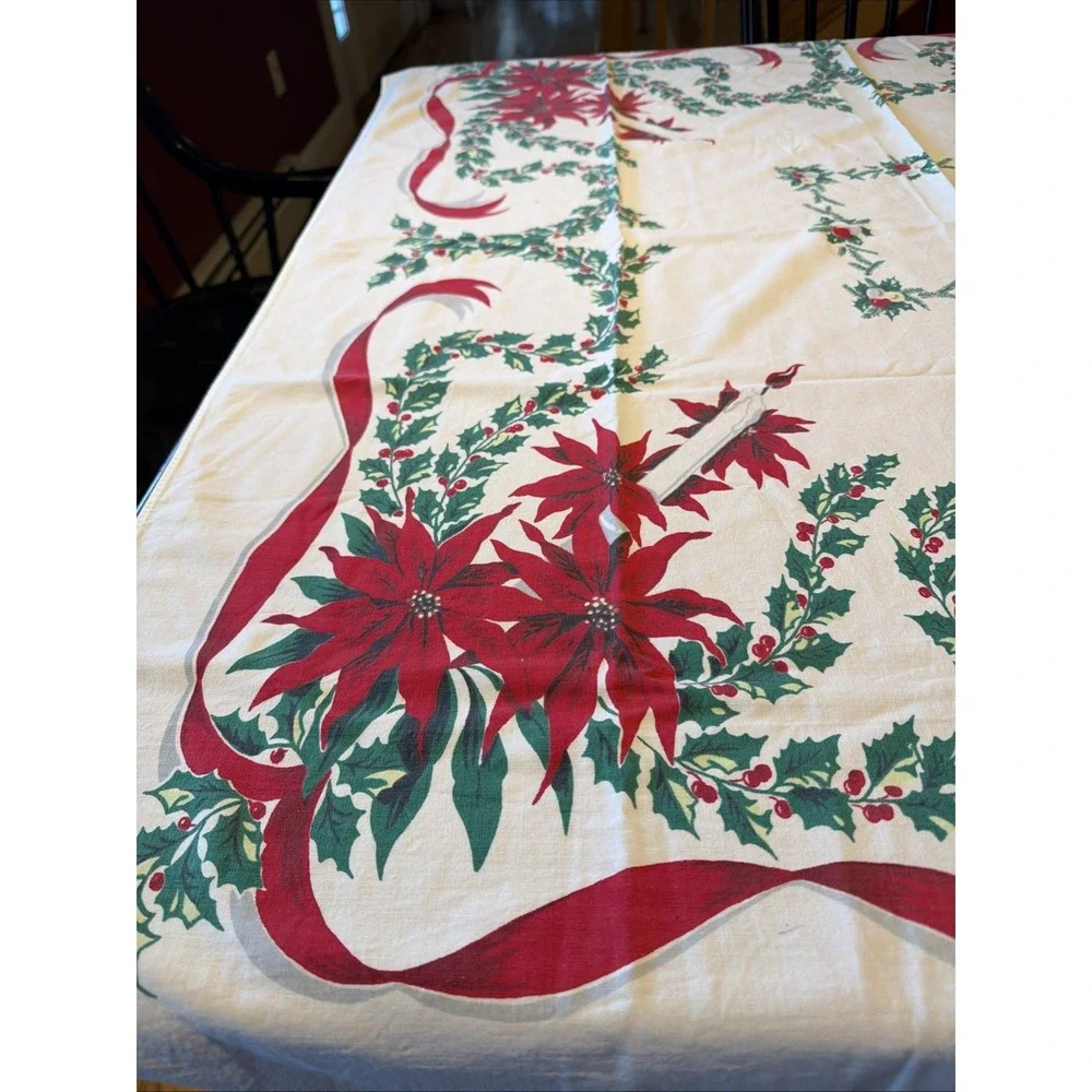 Vtg Mid-Century Modern Christmas Tablecloth Poinsettia Candles Holly 43